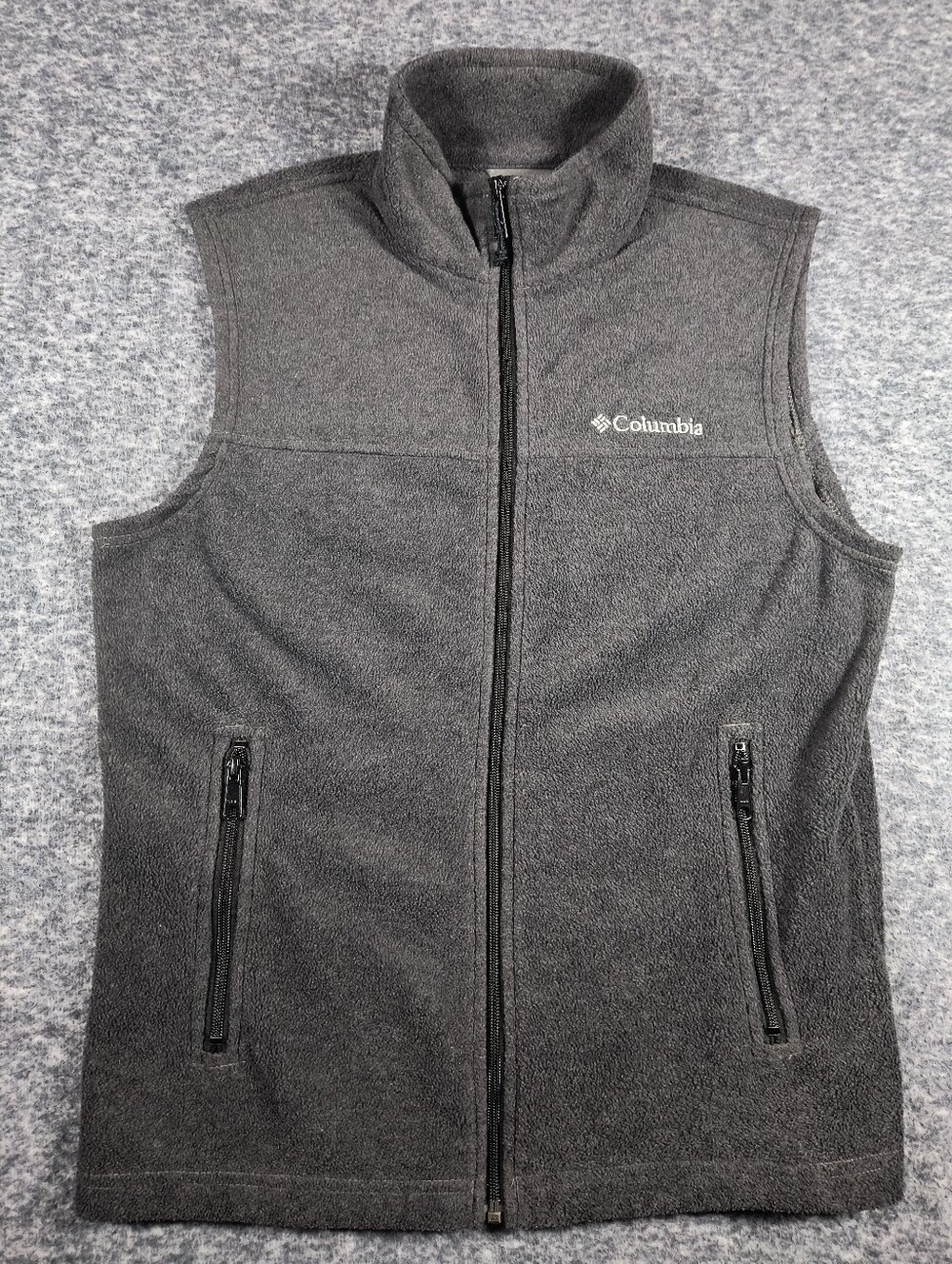 Columbia gray fleece zip vest, men's small